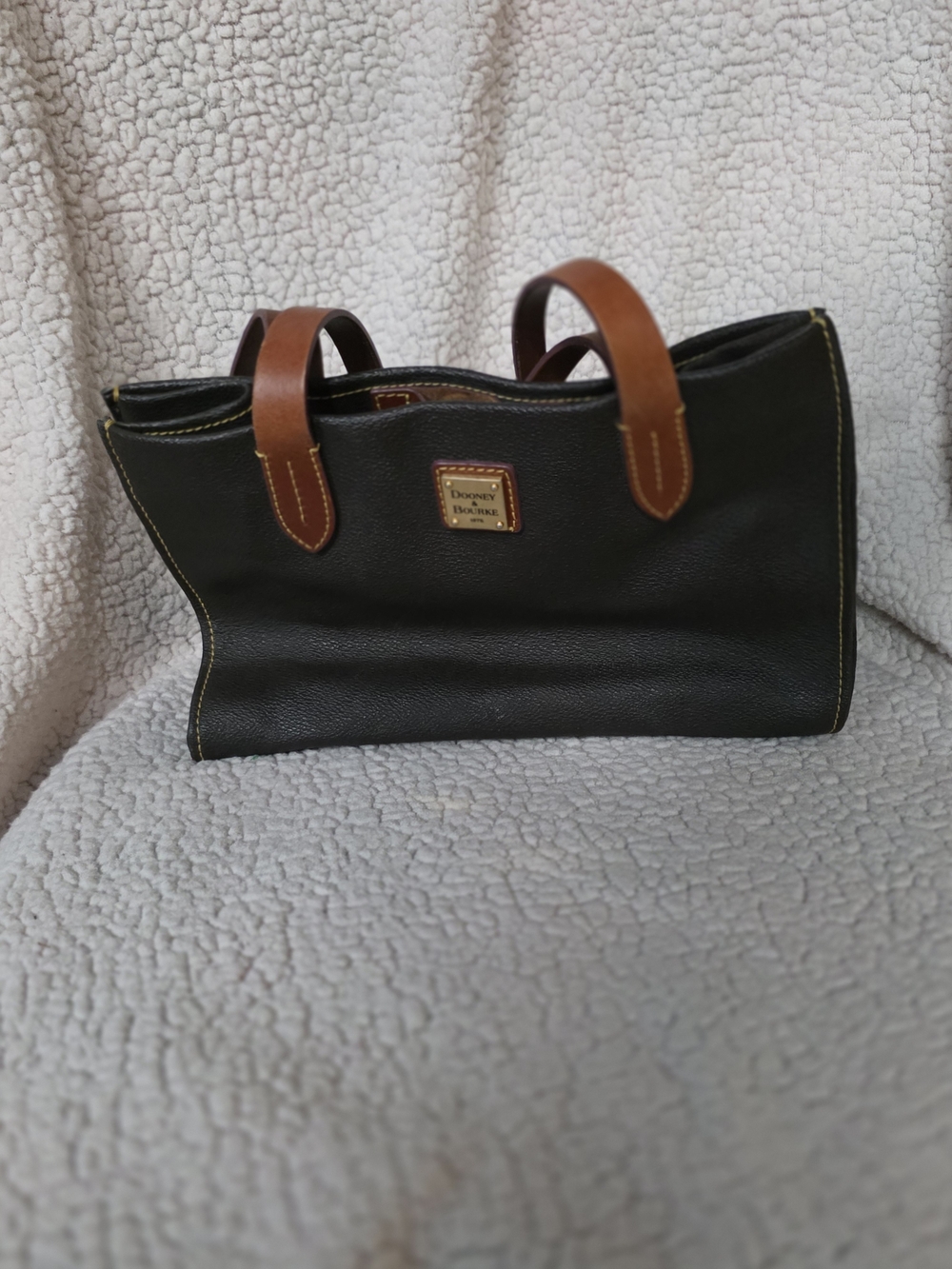 Dooney & Bourke Black Leather Tote with Brown Handles and Yellow Stitching